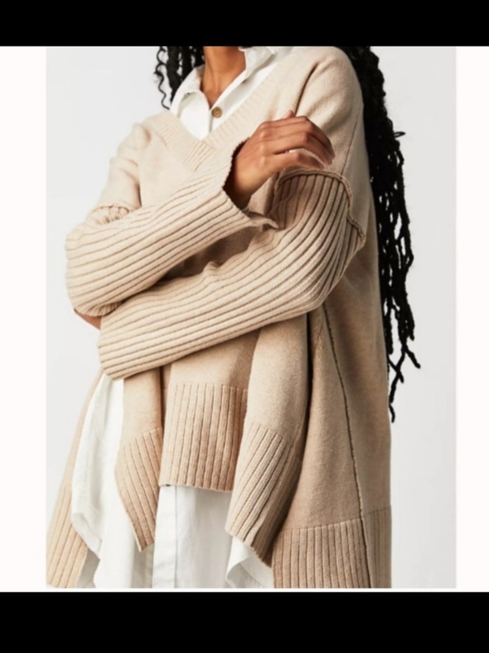 Free People Orion Tunic Sweater Almond Oversized V-Neck Rib Sleeve Boho Cozy Lux